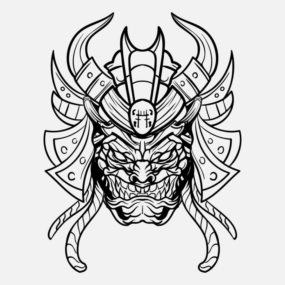 Oni Monster Mask Japanase helmet army samurai  in frame engraving ornament illustration black and white tattoo and tshirt apparel vector