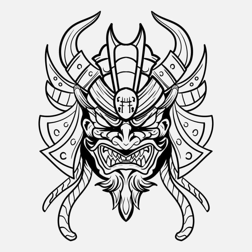 Oni Monster Mask Japanase helmet army samurai  in frame engraving ornament illustration black and white tattoo and tshirt apparel vector