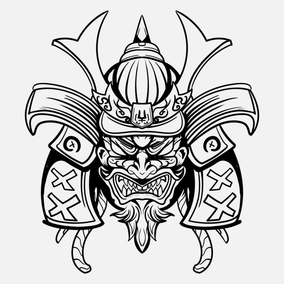 Oni Monster Mask Japanase helmet army samurai  in frame engraving ornament illustration black and white tattoo and tshirt apparel vector