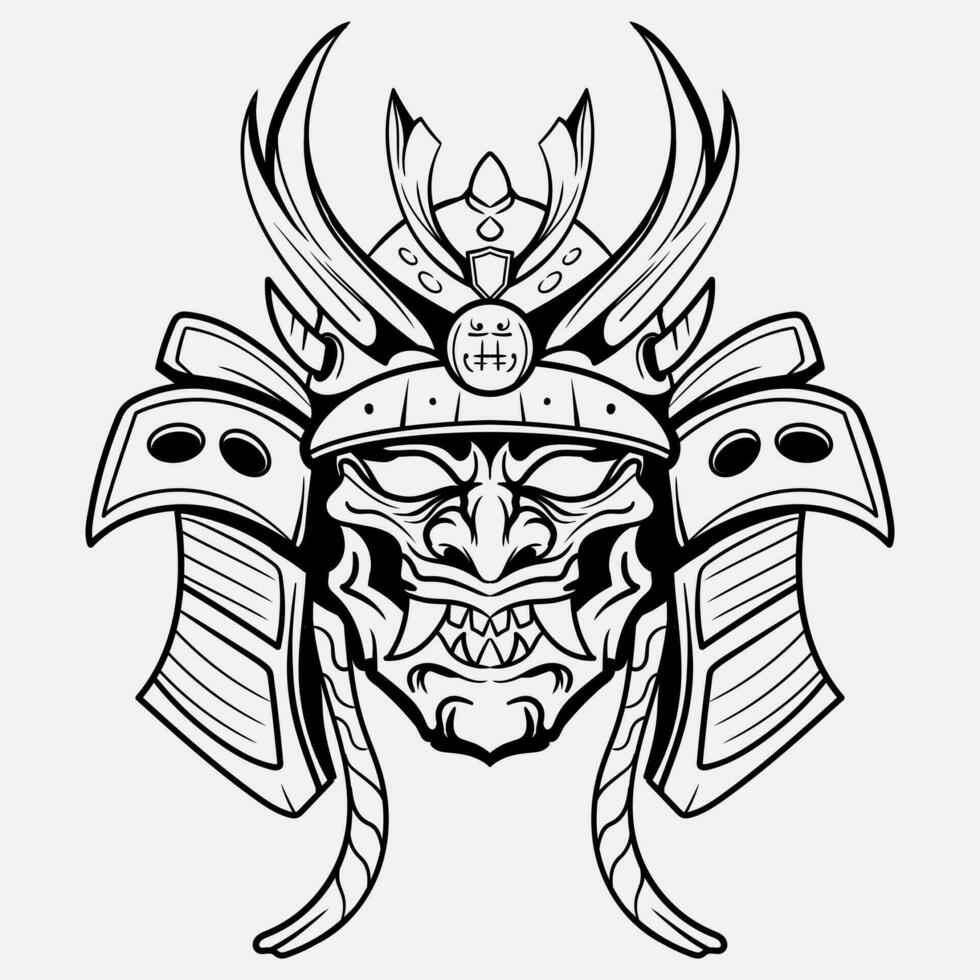 oni monstruo máscara japones casco Ejército samurai en marco grabado ornamento ilustración negro y blanco tatuaje y camiseta vestir vector