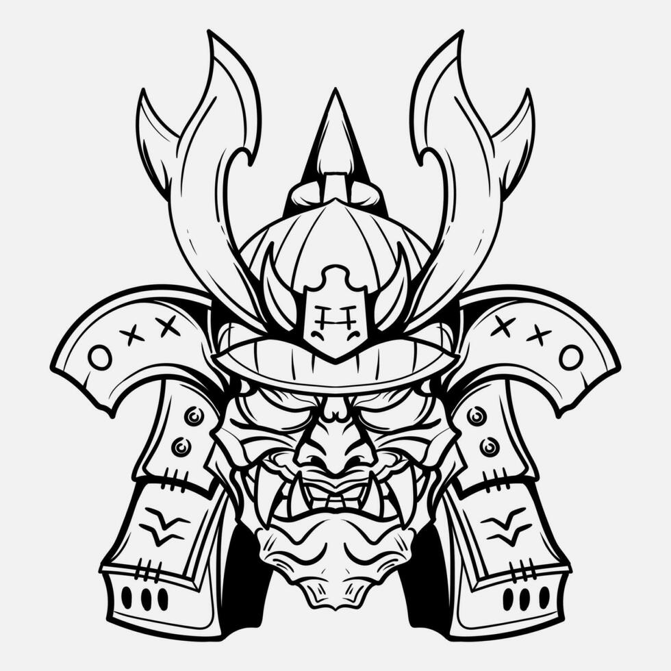 oni monstruo máscara japones casco Ejército samurai en marco grabado ornamento ilustración negro y blanco tatuaje y camiseta vestir vector