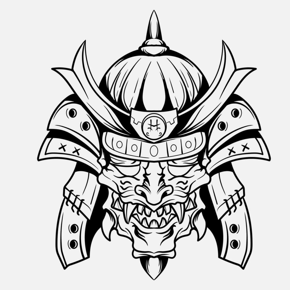 Oni Monster Mask Japanase helmet army samurai  in frame engraving ornament illustration black and white tattoo and tshirt apparel vector