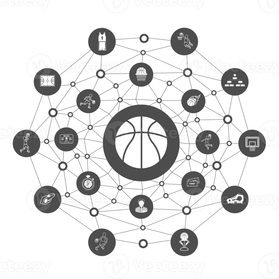 groupe d'icônes de basket-ball noir et blanc avec fond de polygone de ligne. concept d'apprentissage de basket-ball. png