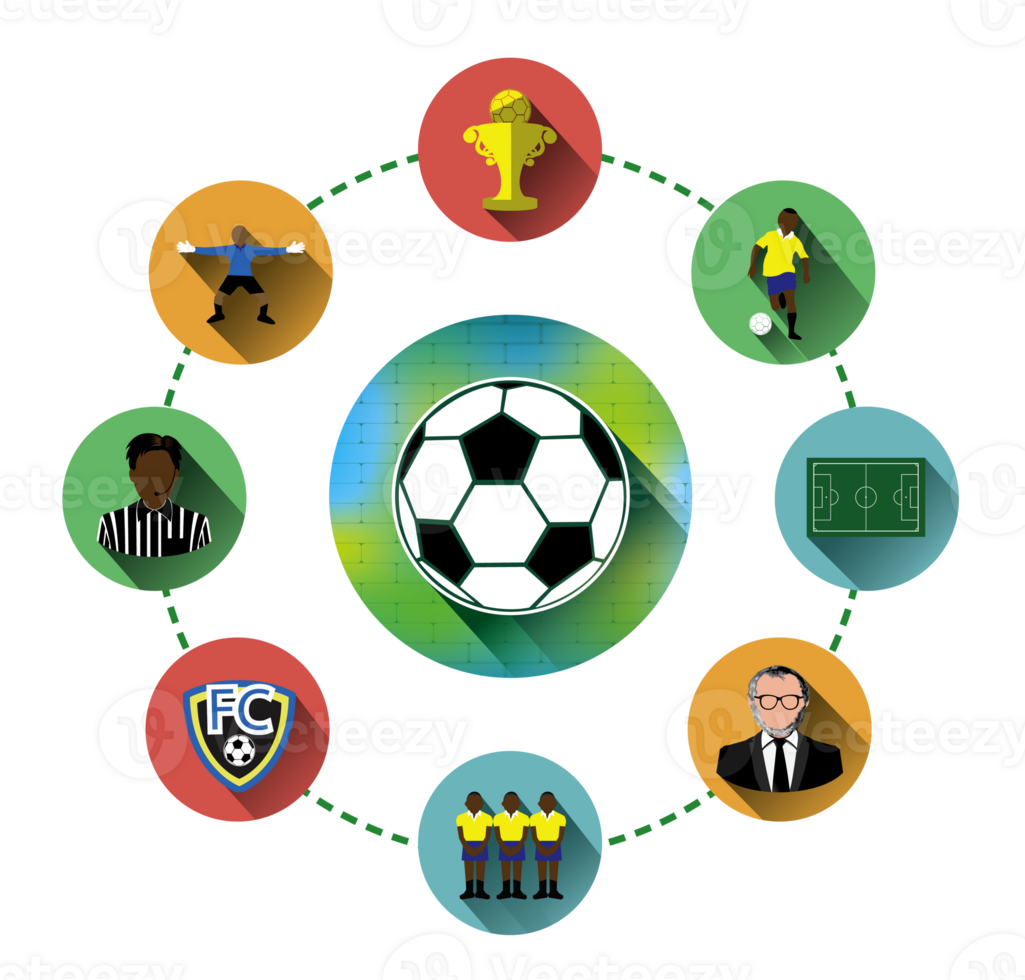 Circle soccer icons set with long shadow effect png