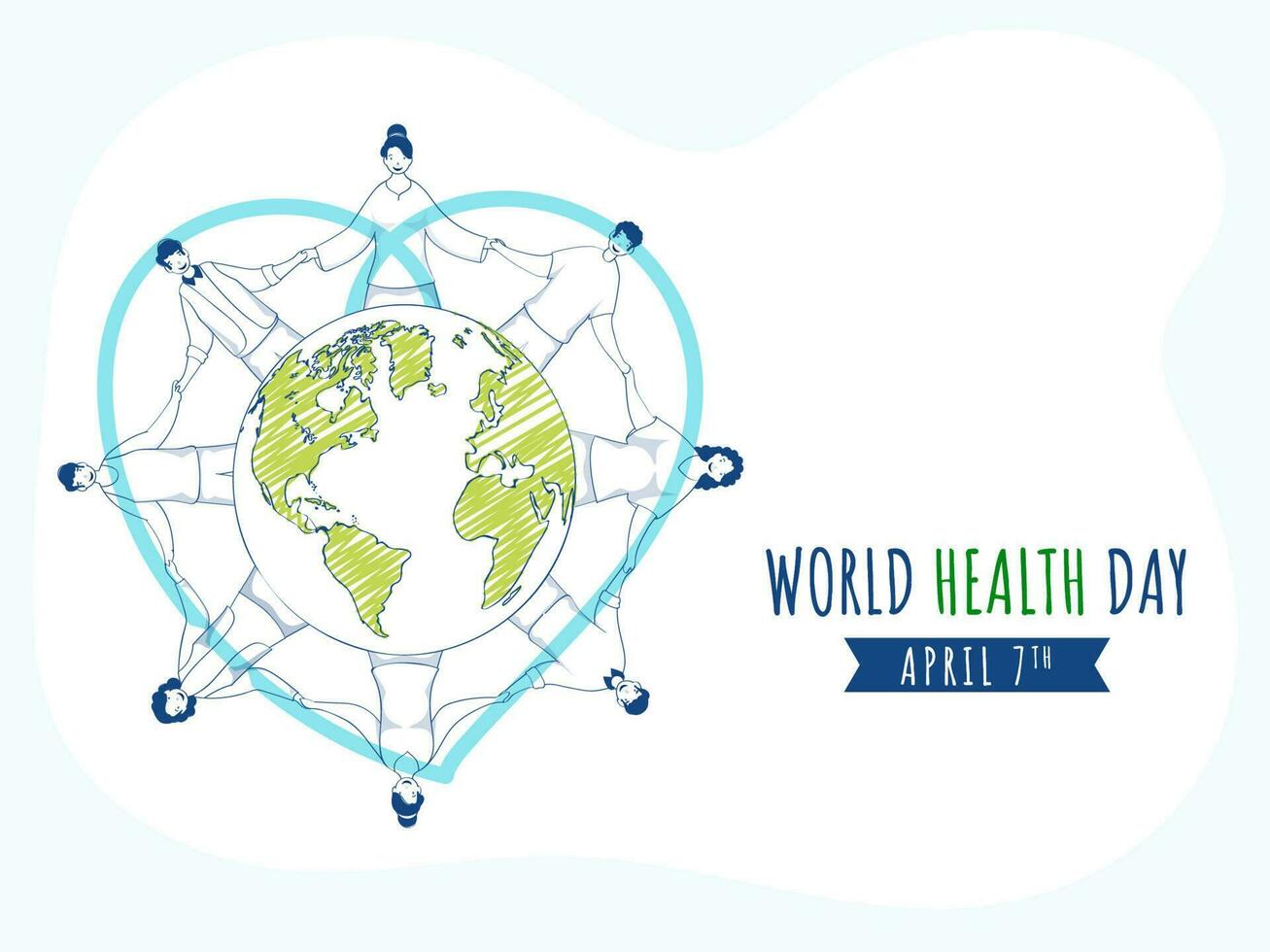 7th April, World Health Day Concept With Doodle Style People Protecting Earth Globe Together On White And Pastel Blue Background. vector