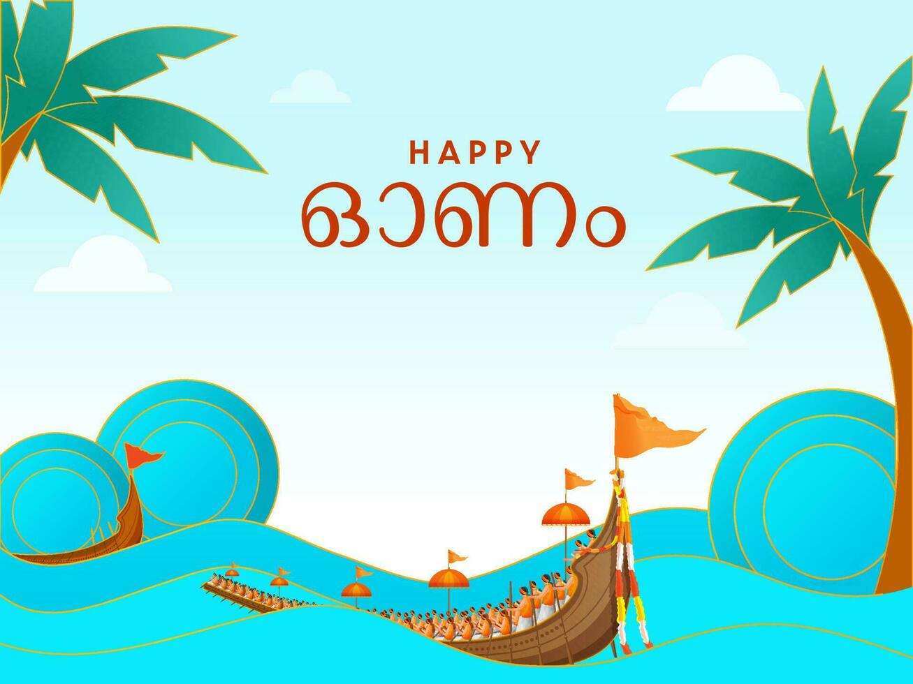 Happy Onam Lettering In Malayalam Language With Aranmula Boat Race, Palm Trees On Blue Background. vector