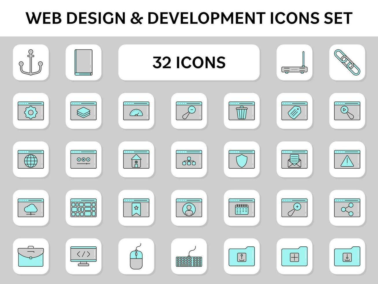 Grey And Turquoise Web Development Icon Set On White Square Background. vector