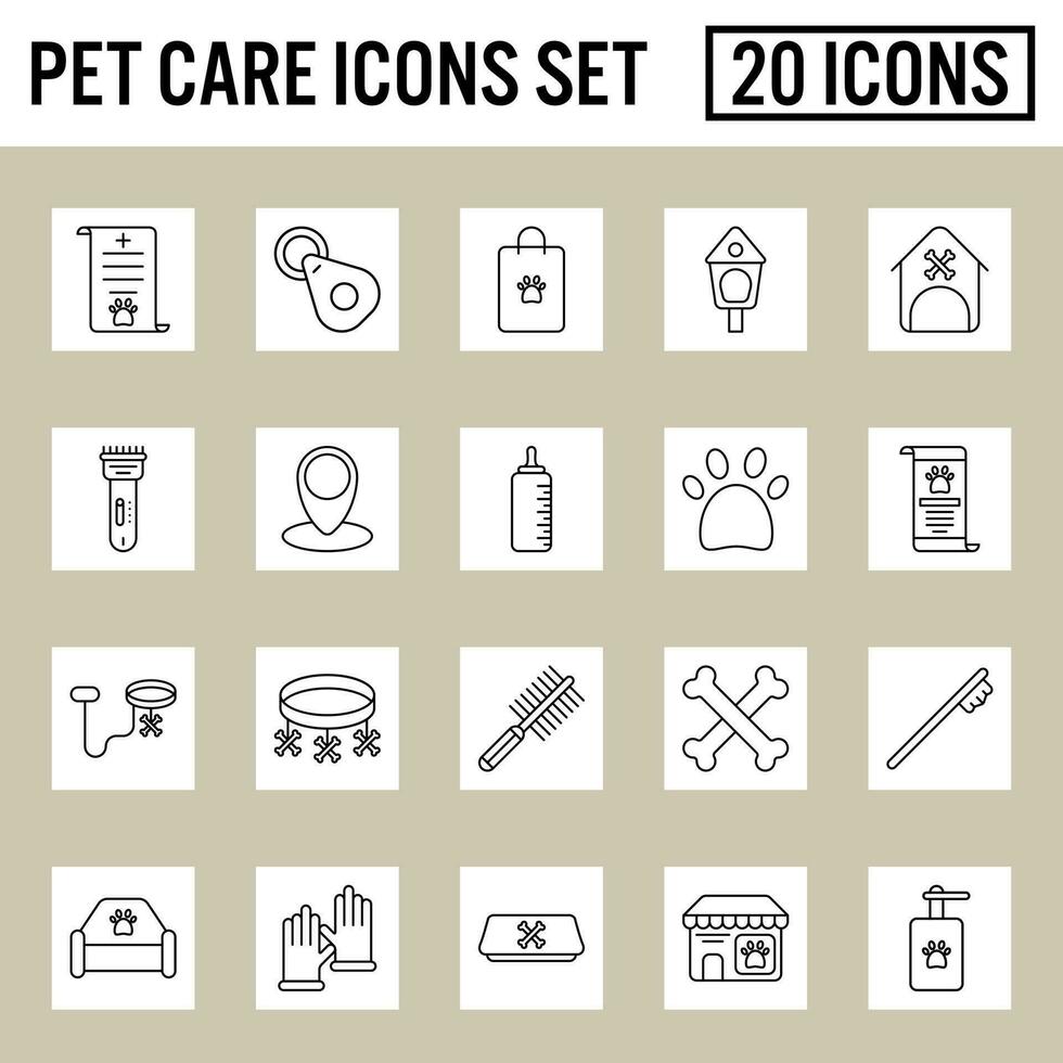 Black Outline Pet Care Icons On Grey And White Square Background. vector