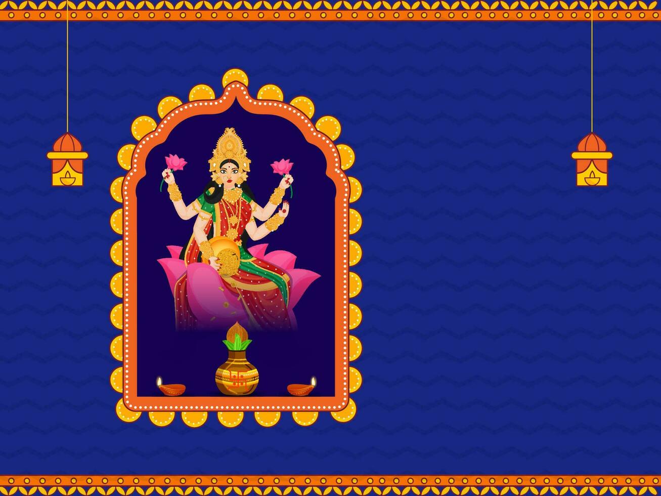Wealth Goddess Lakshmi Character With Traditional Pot, Lit Oil Lamps And Lanterns Hang On Blue Wave Stripe Background. vector