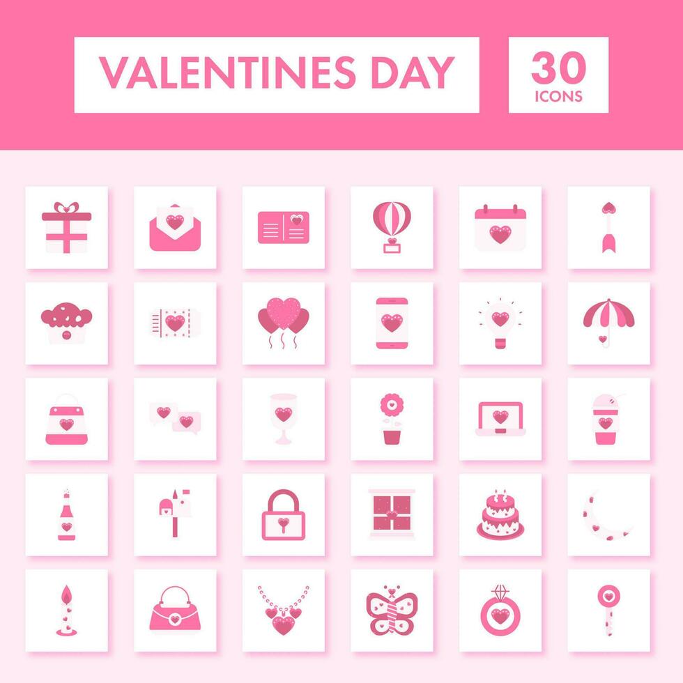 Pink Color Set Of Valentines Day Icon In Flat Style. vector