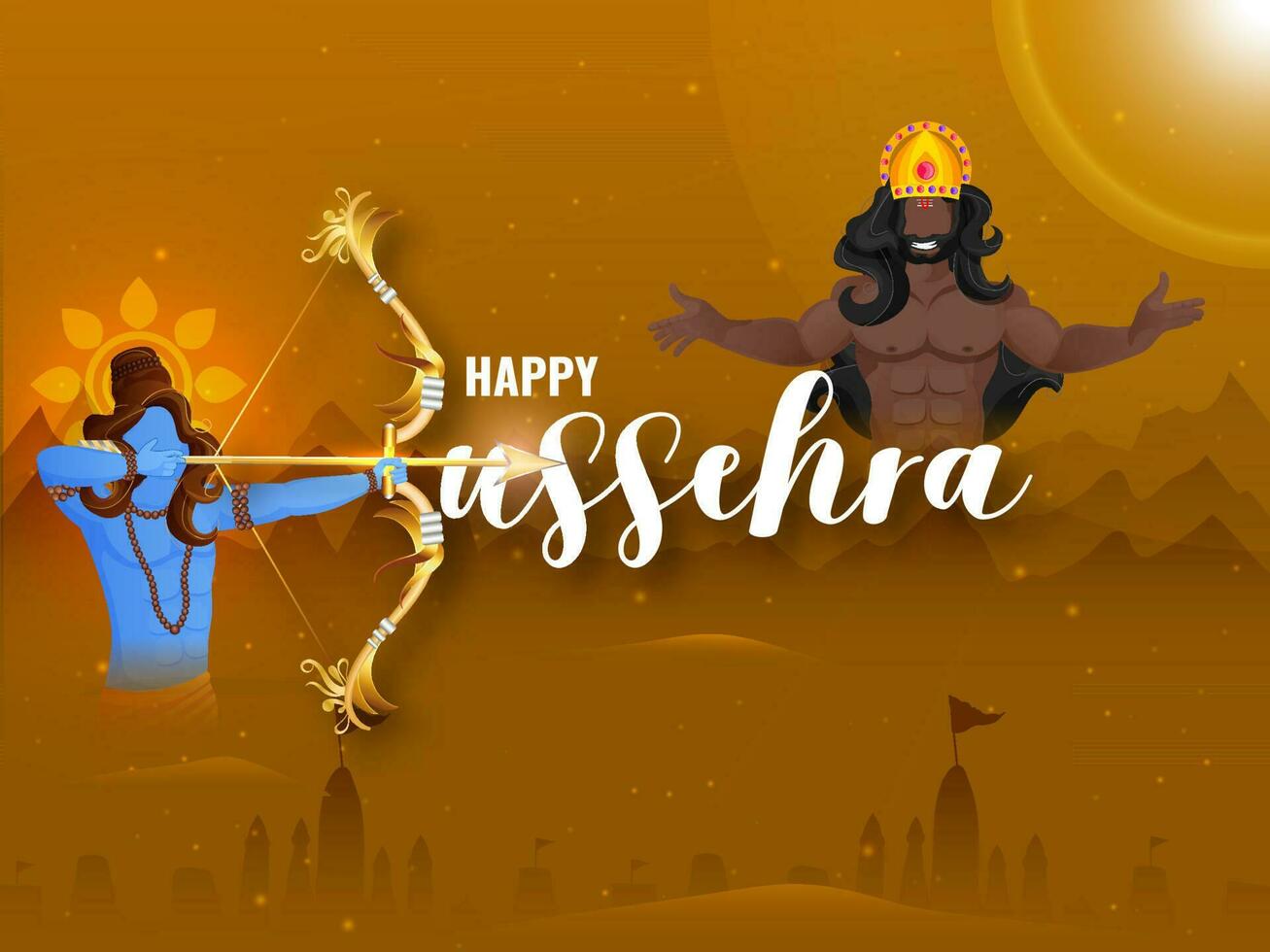 contento dussehra letras con señor rama tomando un objetivo en contra demonio Rey ravana y luces efecto en cobre silueta ayodhya ver antecedentes. vector