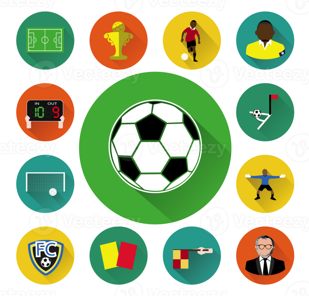 Flat soccer icons set with long shadow effect png