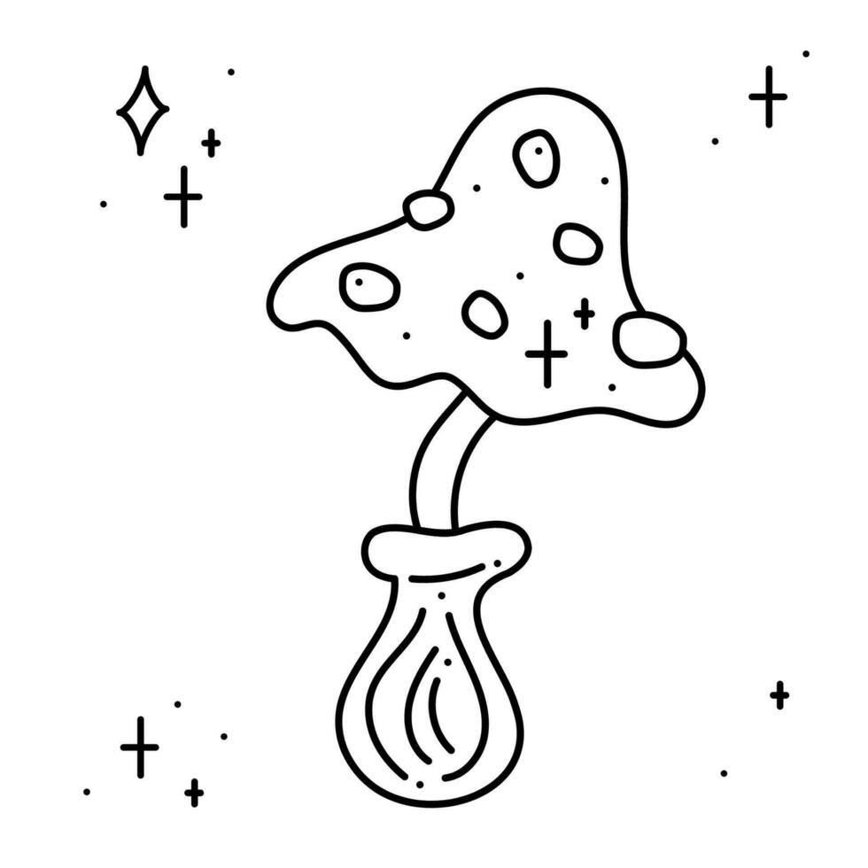 Magical fly agaric mushrooms surrounded by stars. Doodle vector illustration, clipart.