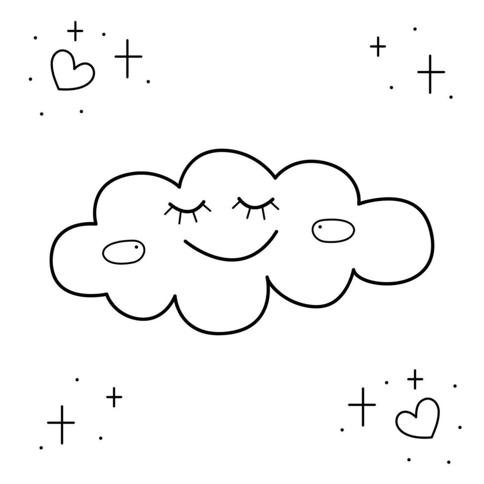 A cute sleepy cloud surrounded by stars and hearts. Doodle black and white vector illustration.