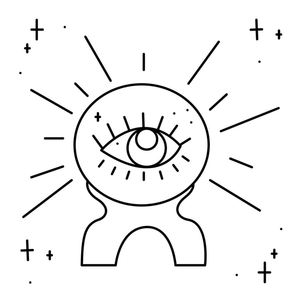 Magic ball with an all-seeing eye and stars. Doodle vector illustration, clipart.