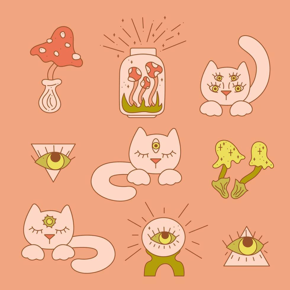 Surrealistic set with magical cats, mushrooms and magic ball. Doodle vector illustration.