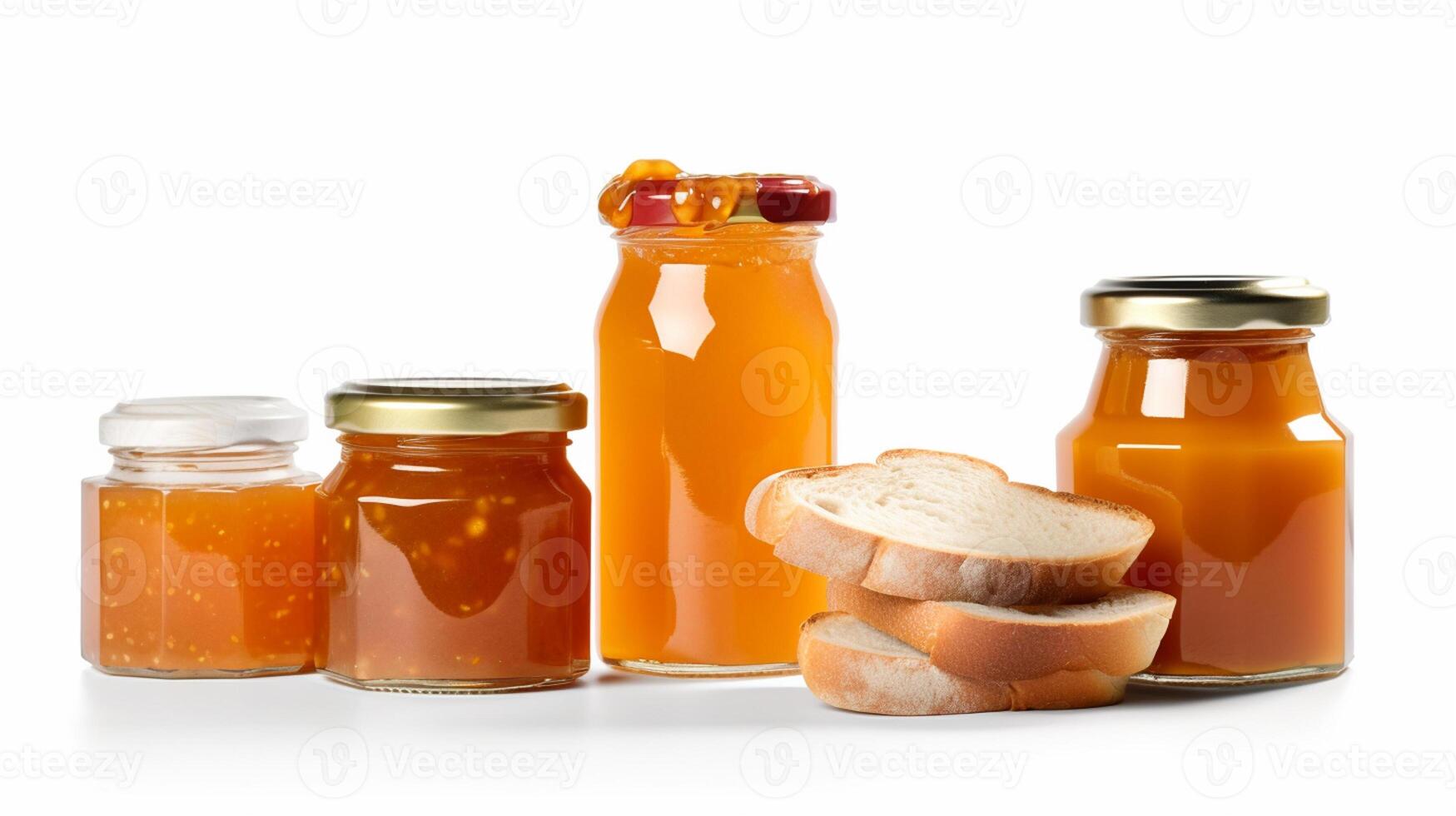 Apricot jam with sliced bread Jars on white background with photo
