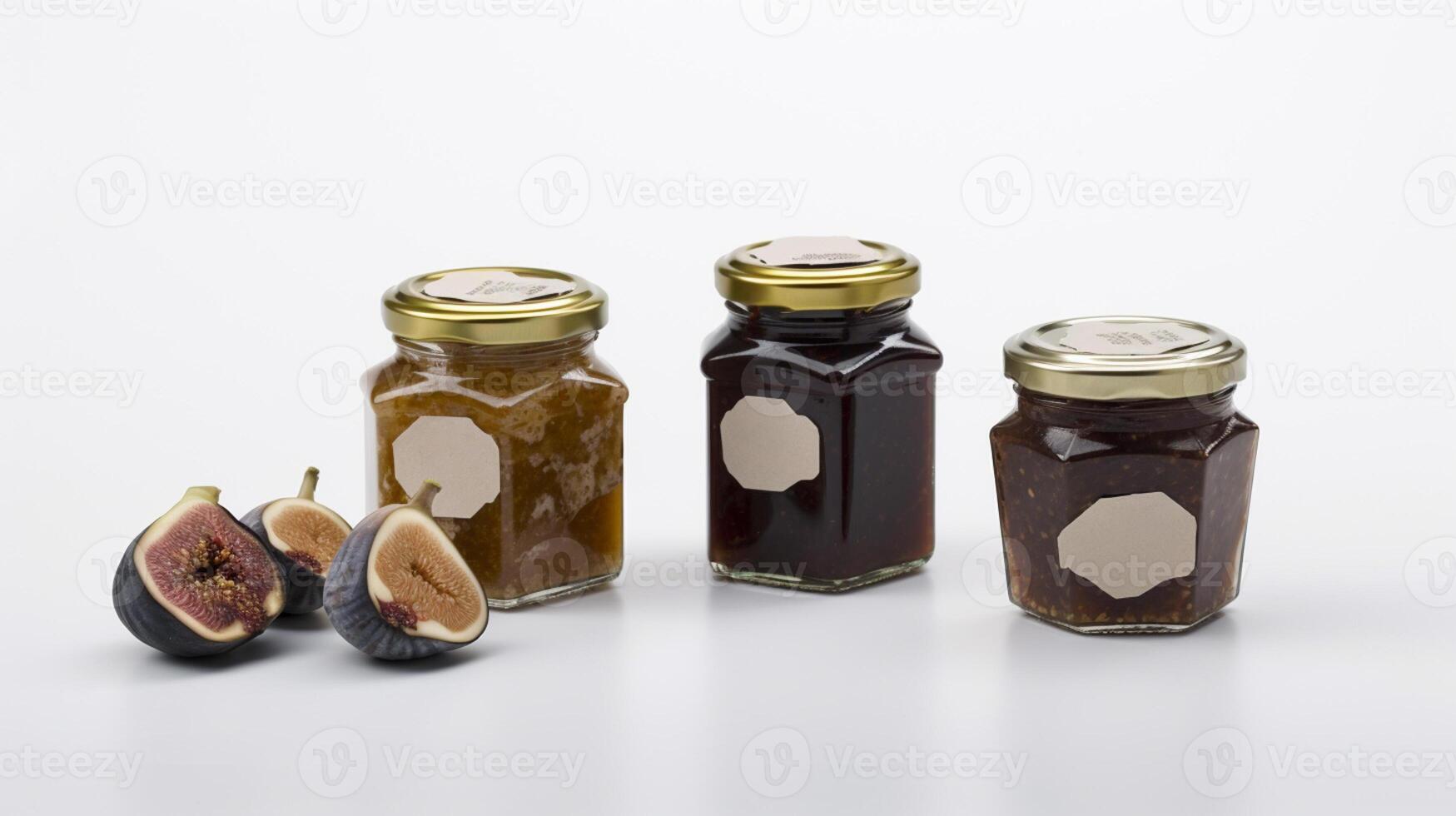 Fig jam with dried figs Jars on white background with photo