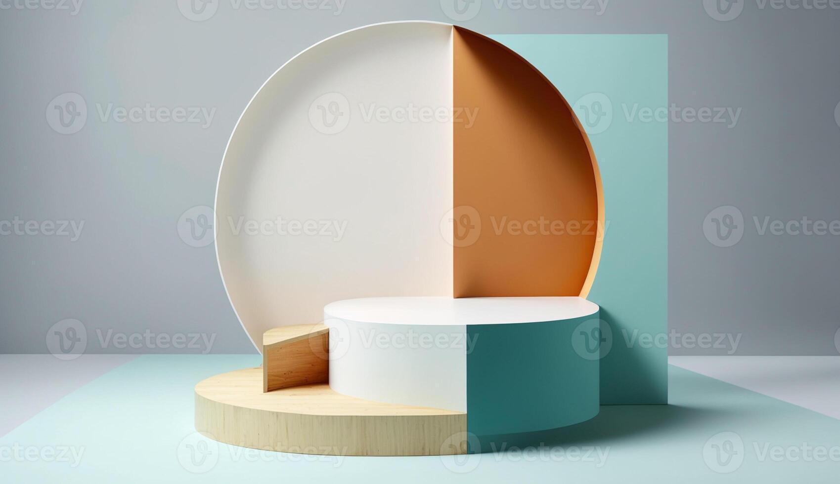 low podium wood with backdrop made of white concrete wall background Mockup for product placement with photo