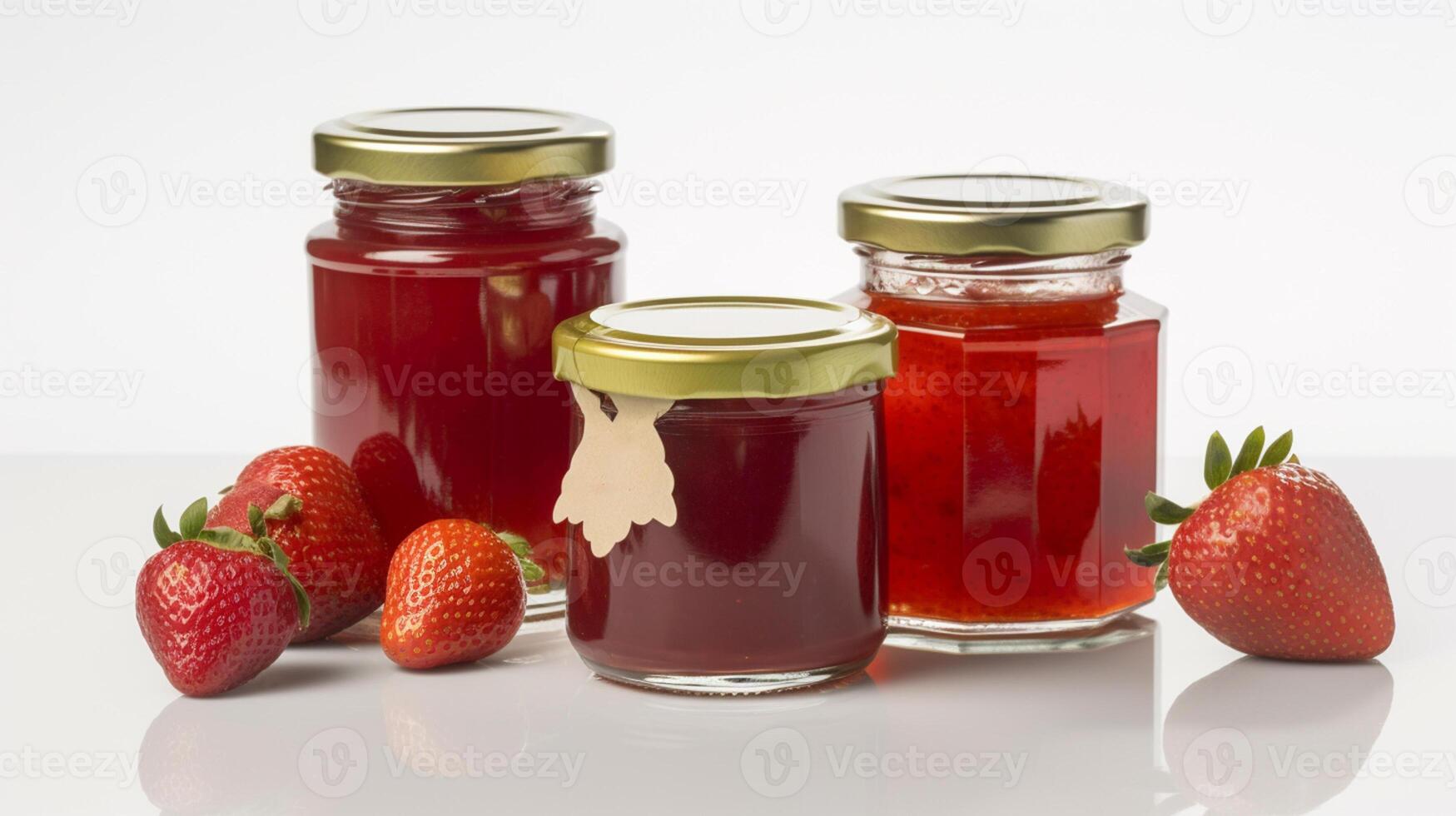 Strawberry jam with strawberry fruit on white background with photo