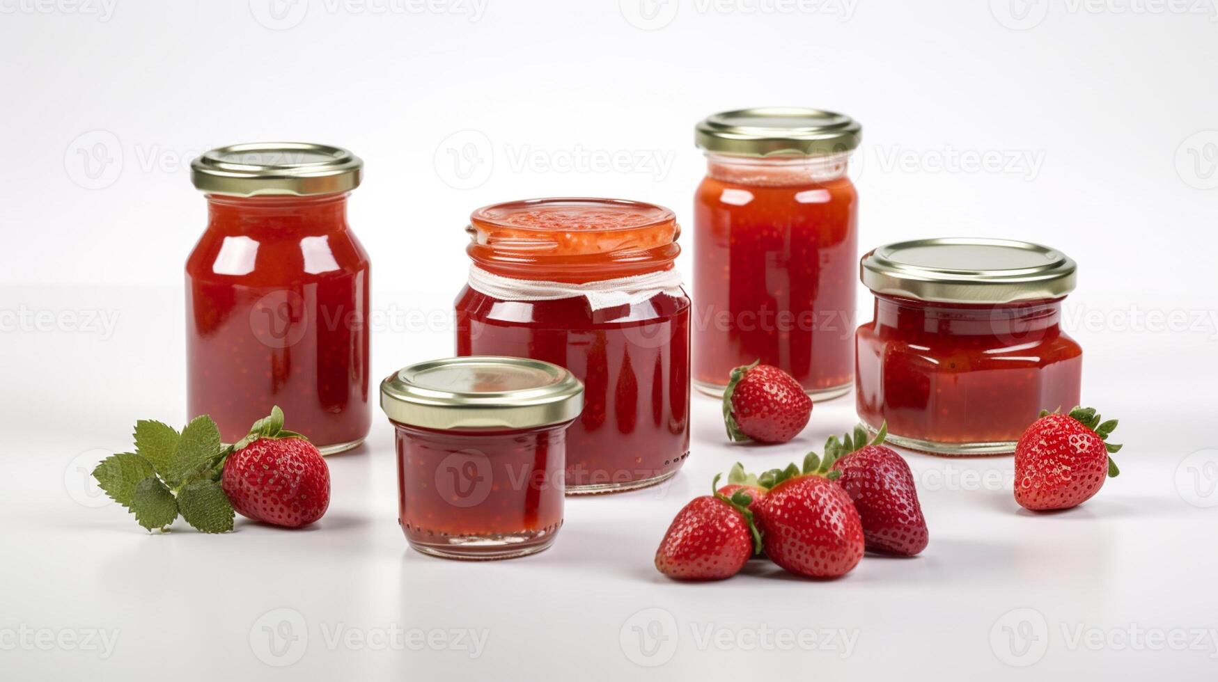 Strawberry jam with strawberry fruit on white background with photo