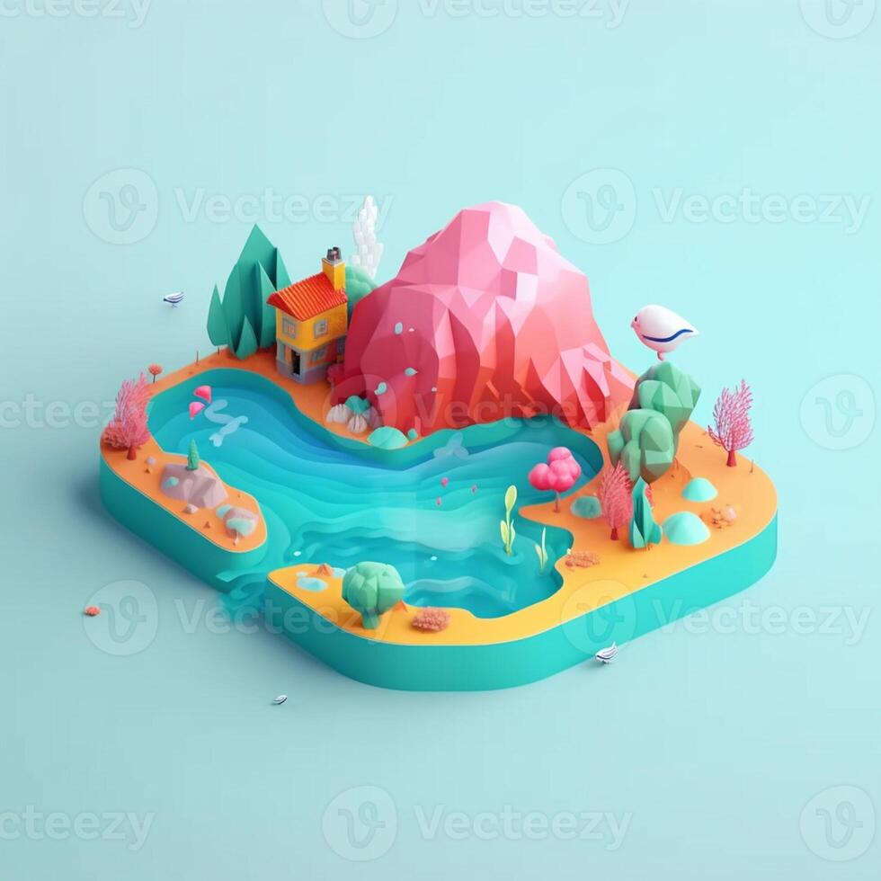 An island in the sea in an isometric view in trending color palette for advertising with photo