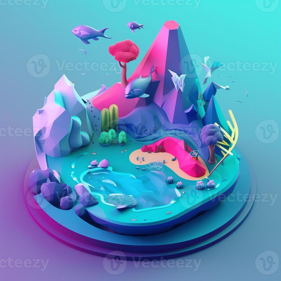 An island in the sea in an isometric view in trending color palette for advertising with photo