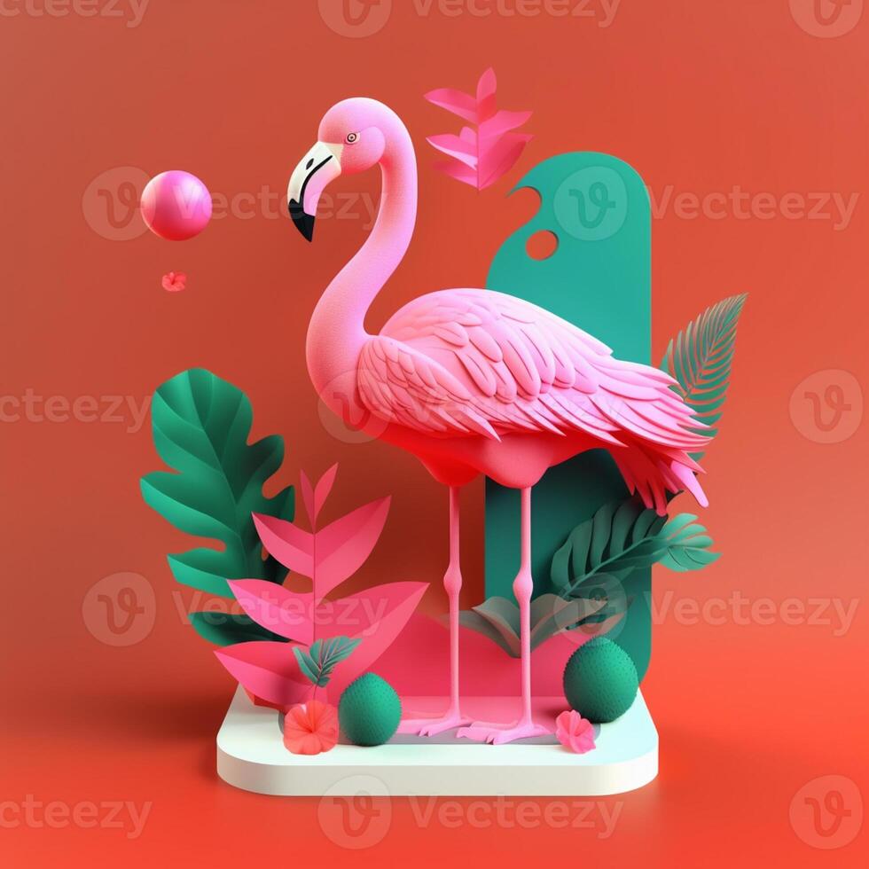 Flamingo with geometric objects in summer concept in trending color palette for advertising with photo
