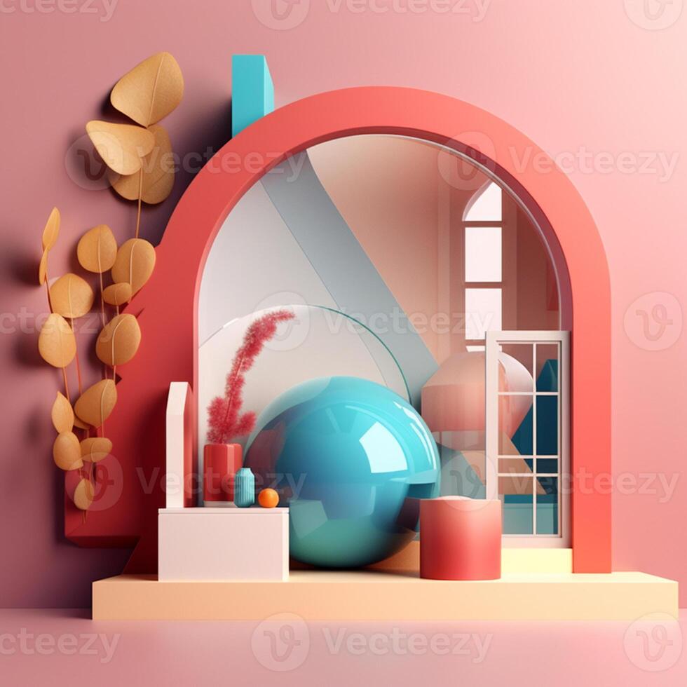 Arched windows in fantasy concept in trending color palette for advertising with photo