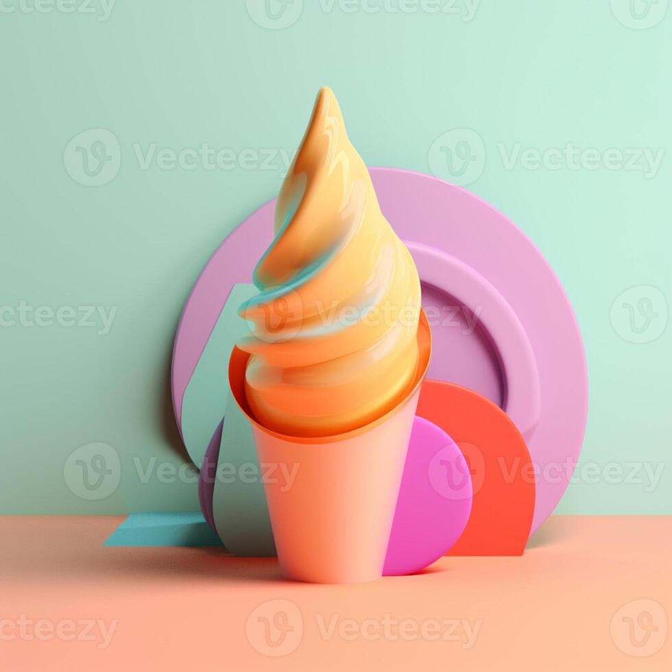 Ice cream cone with geometric objects in summer concept in trending color palette for advertising with photo