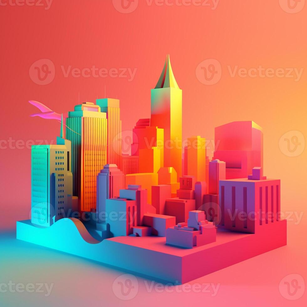 City with sunset in isometric view in trending color palette for advertising with photo