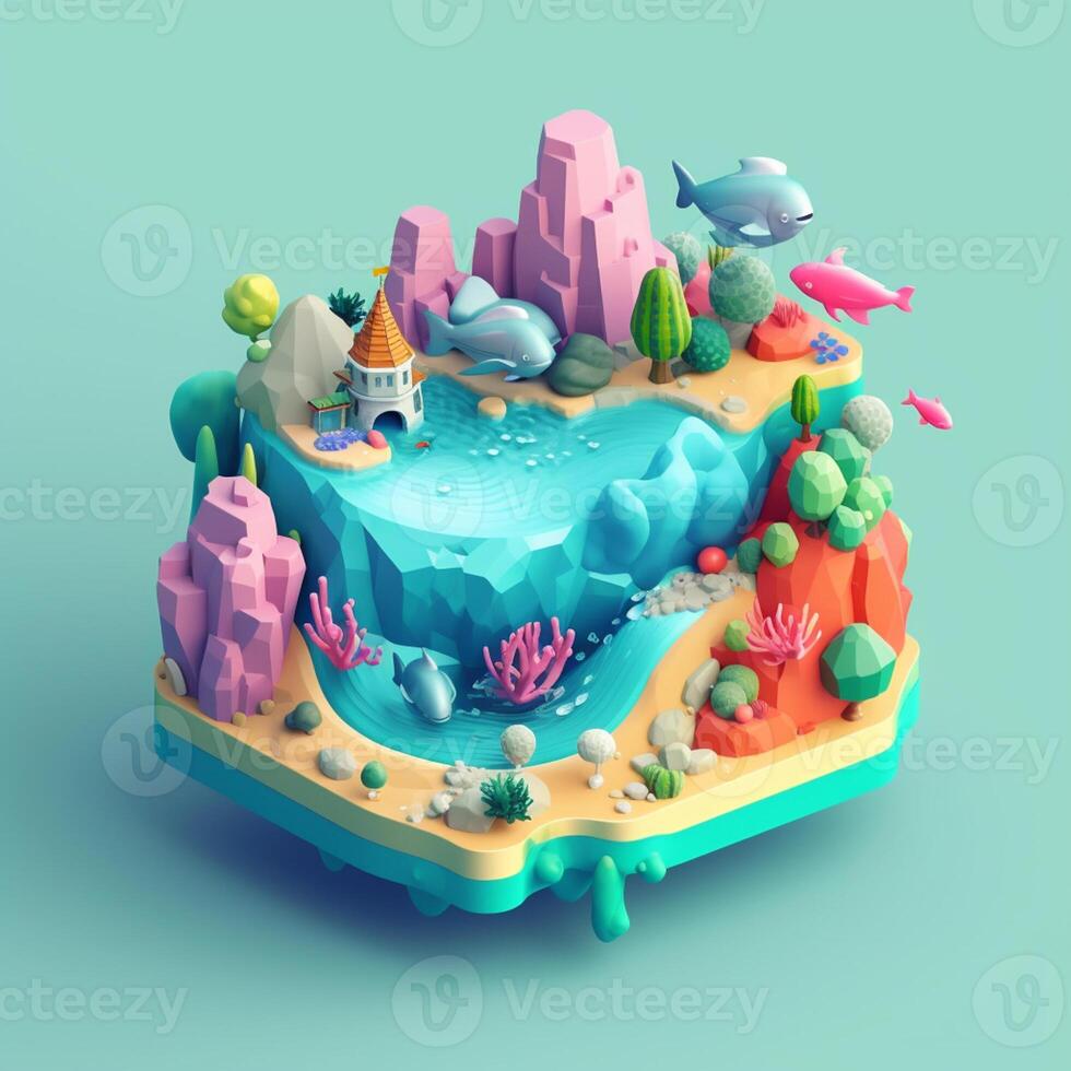 An island in the sea in an isometric view in trending color palette for advertising with photo