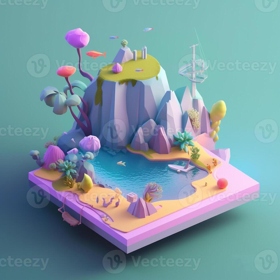 An island in the sea in an isometric view in trending color palette for advertising with photo