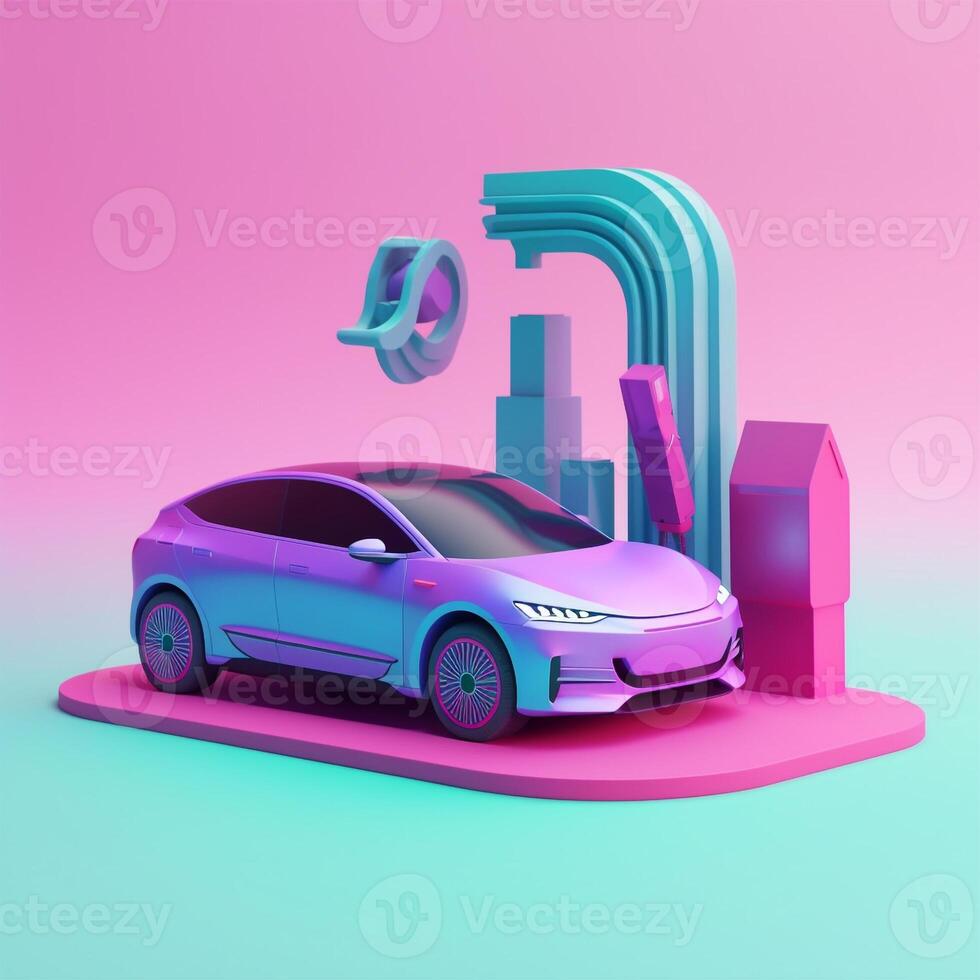Electric vehicles and charging stations in trending color palette for advertising with photo