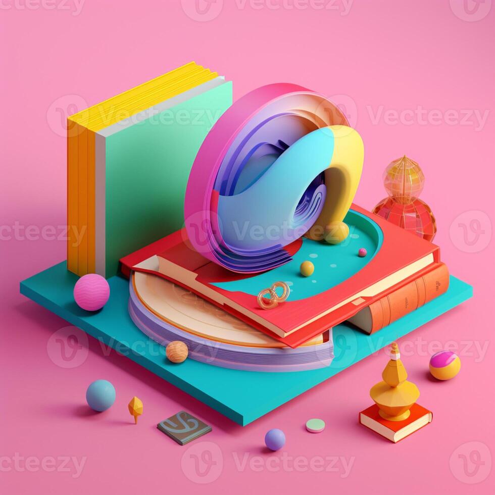 books and imagination in trending color palette for advertising with photo