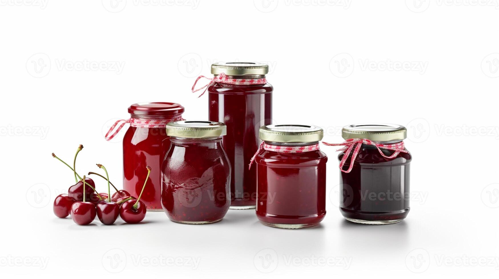 Cherry jam with juicy cherries Jars on white background with photo