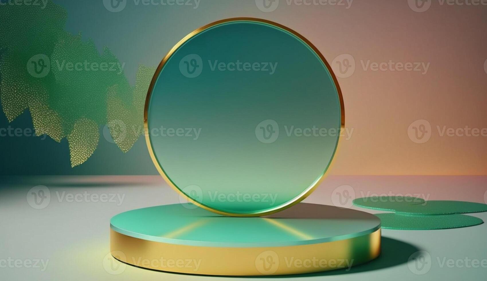 low podium gold circle base backdrop made of Spherical frosted glass and rainforest background Mockup for product placement with photo