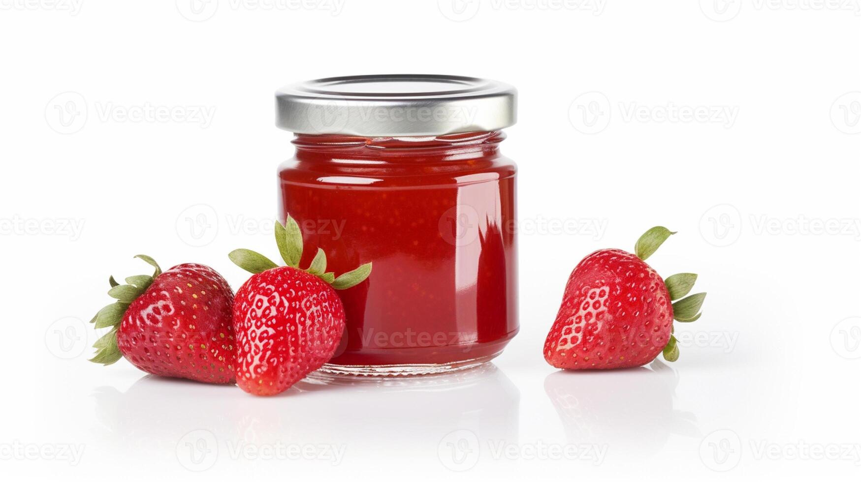 Strawberry jam with strawberry fruit on white background with photo