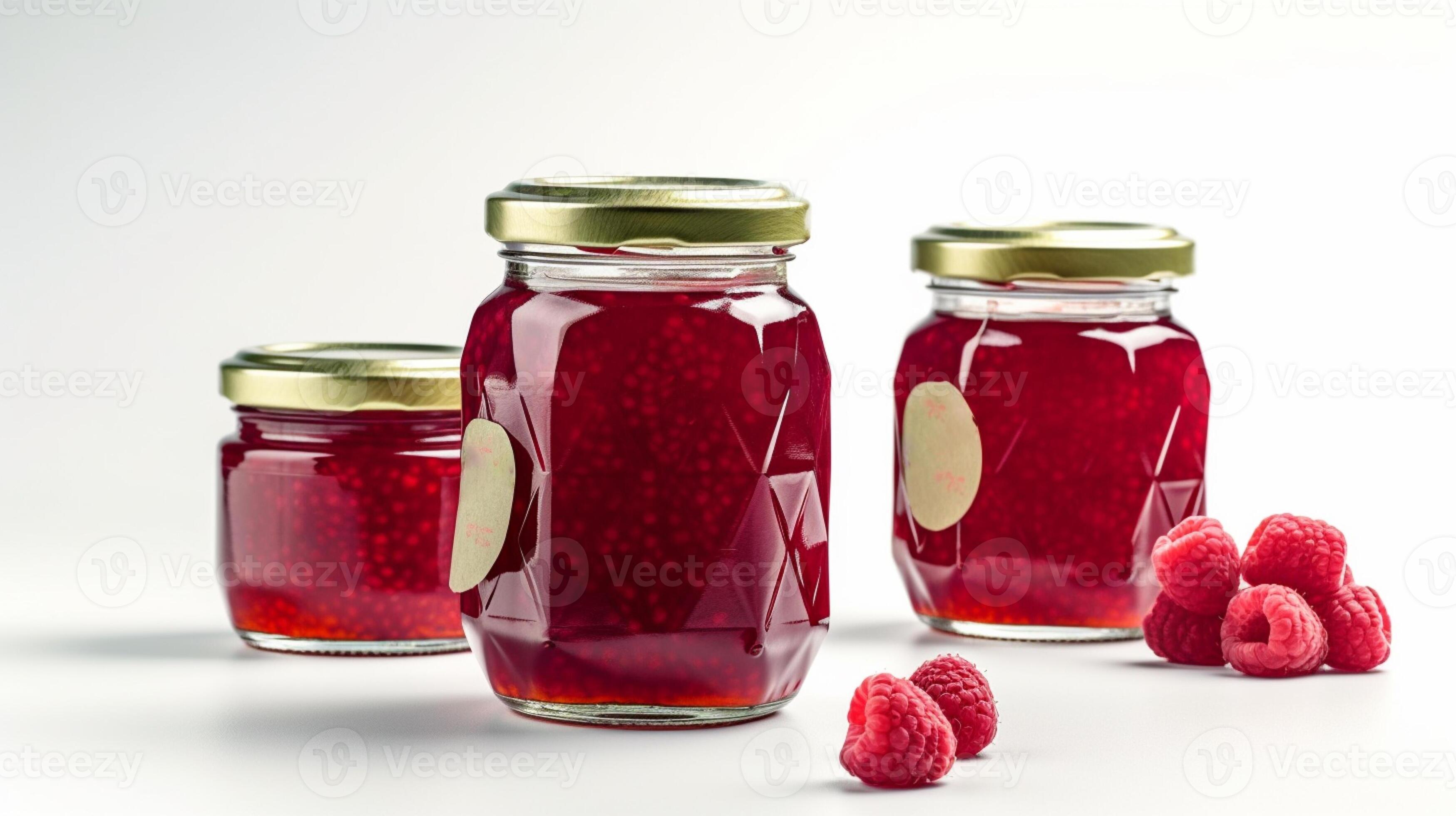 Raspberry jam and juicy raspberries fruit Jars on white background with