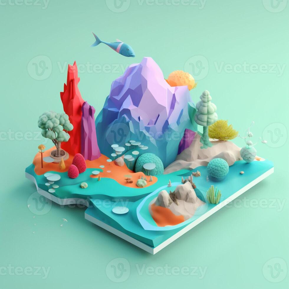 An island in the sea in an isometric view in trending color palette for advertising with photo