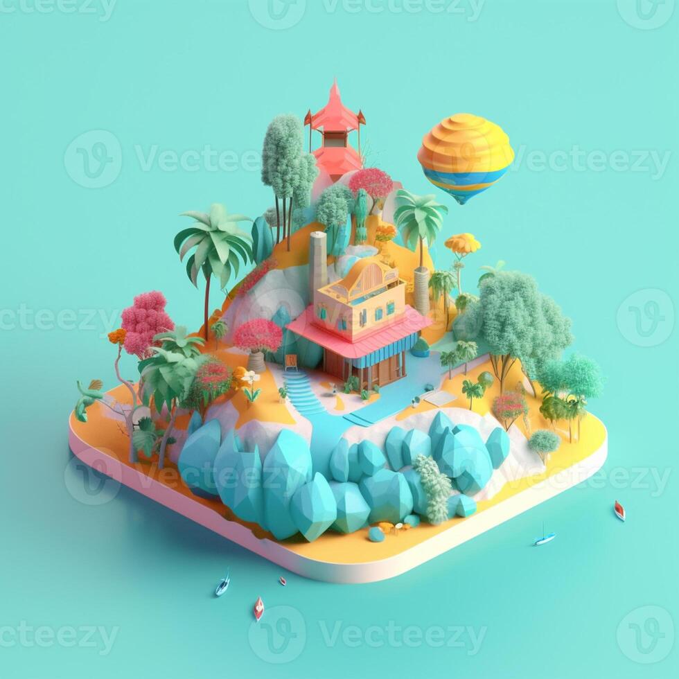 Summer island in isometric view in trending color palette for advertising with photo