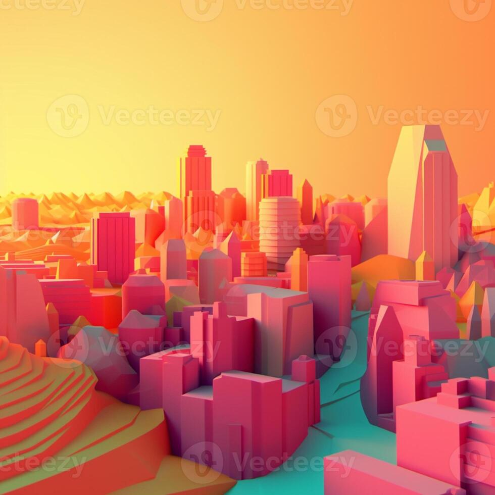 City with sunset in isometric view in trending color palette for advertising with photo