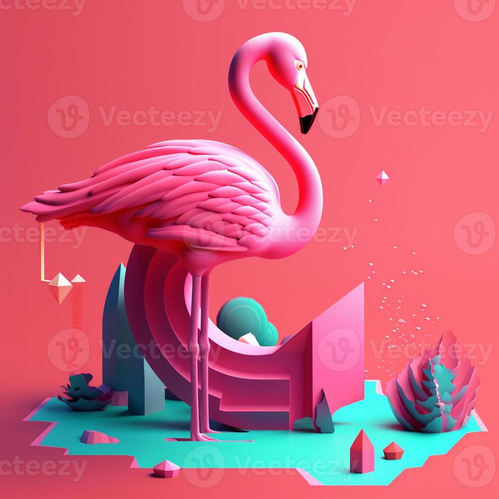 Flamingo with geometric objects in summer concept in trending color palette for advertising with photo
