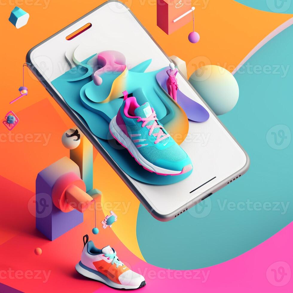 sports shoes and smartphone in trending color palette for advertising with photo