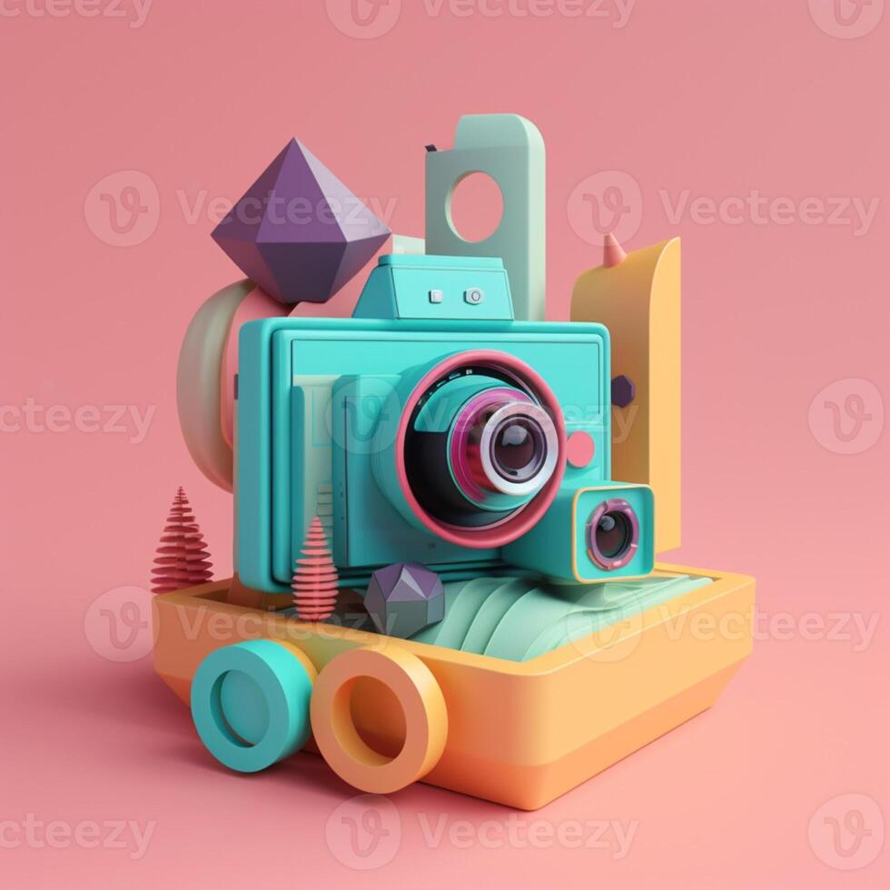 Camera and geometric objects in trending color palette for advertising with photo