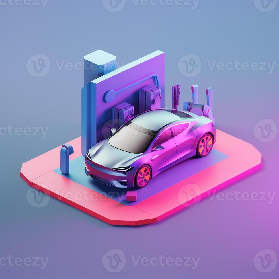 Electric vehicles and charging stations in trending color palette for advertising with photo