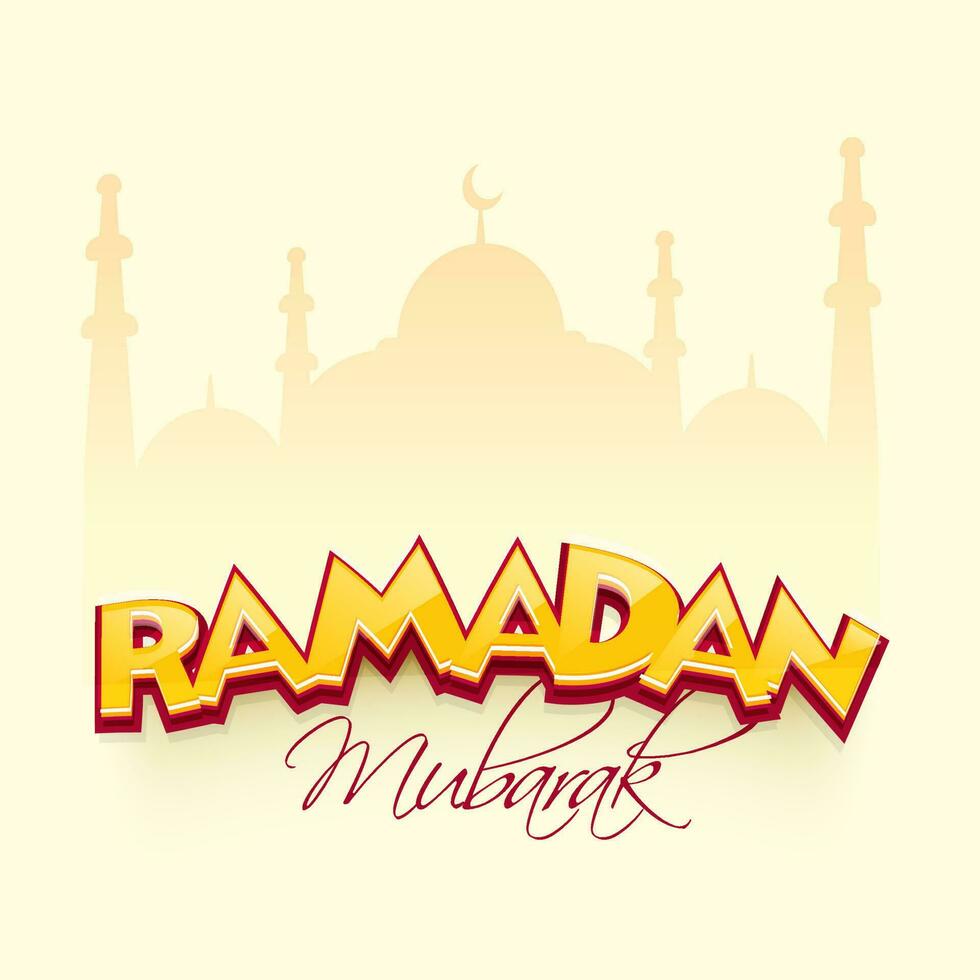 Stylish Ramadan Mubarak Font With Silhouette Mosque On Pastel Yellow Background. vector