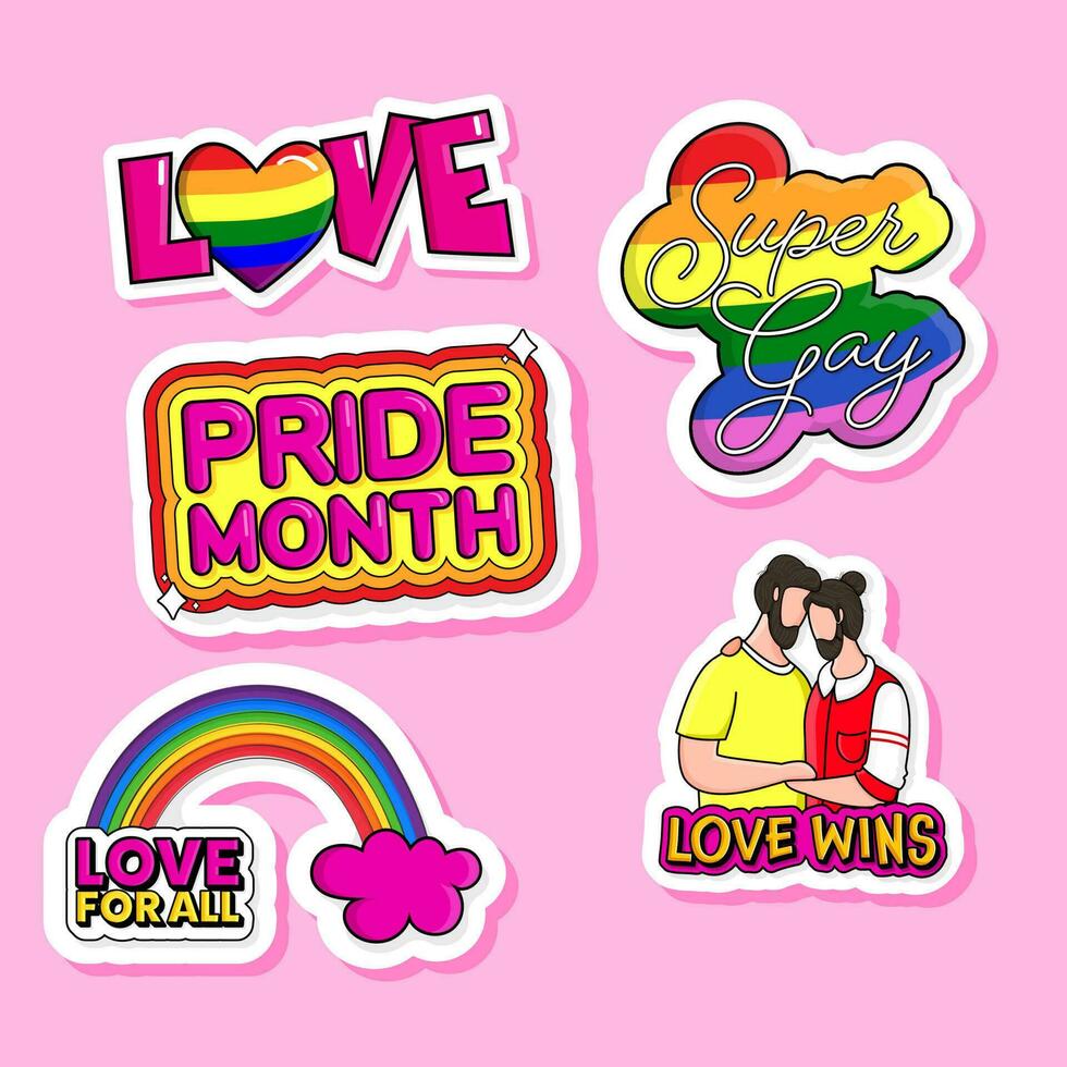 Sticker Style Love, Pride Month, Super Gay, Love For All, Love Wins Quotes With Rainbow And Gay Couple On Pink Background. vector