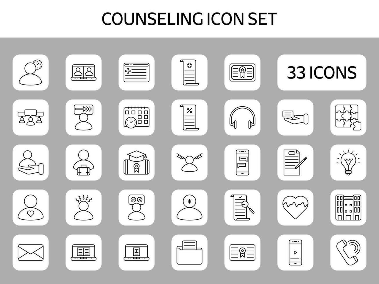 Black Line Art Counseling Icons On Grey Square Background. vector
