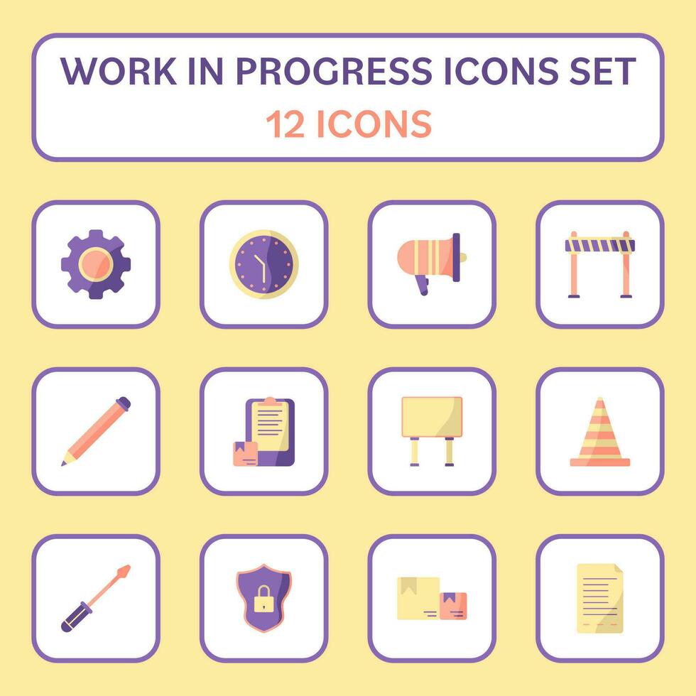 Flat Style Work In Progress 12 Icon Set On Yellow And white Square Background. vector